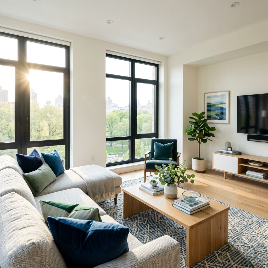 Sala de estar impecable y limpia de apartamento moderno